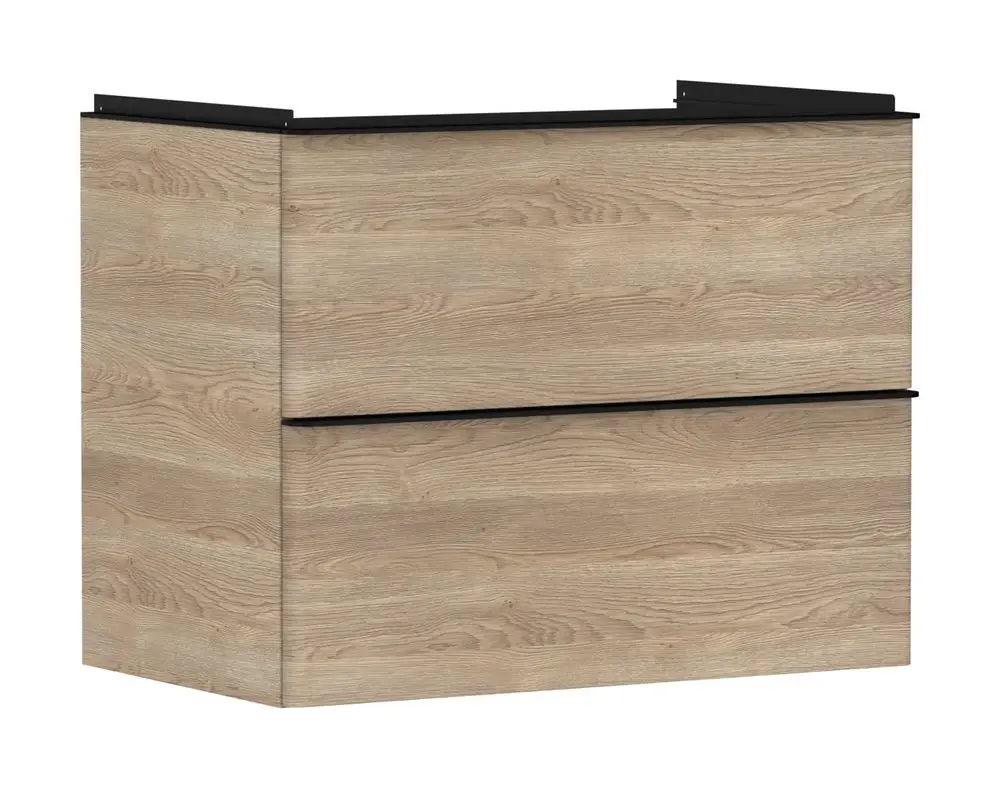 Waschtischunterschrank aus Holz mit zwei Schubkästen in Eichenoptik. Die Oberseite ist in Schwarz gehalten. Marke: Hansgrohe.